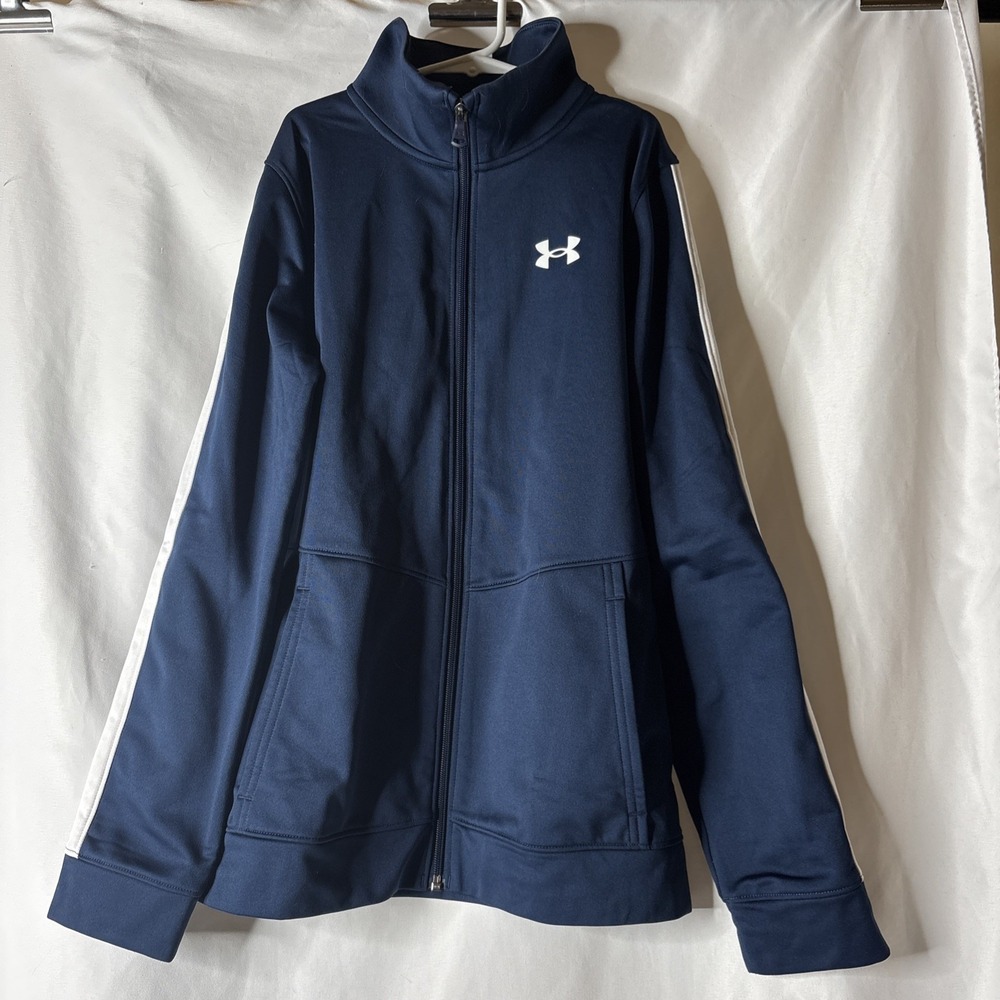 Under Armour Youth Large Pennant Full Zip Up Navy Blue Track Jacket White Stripe